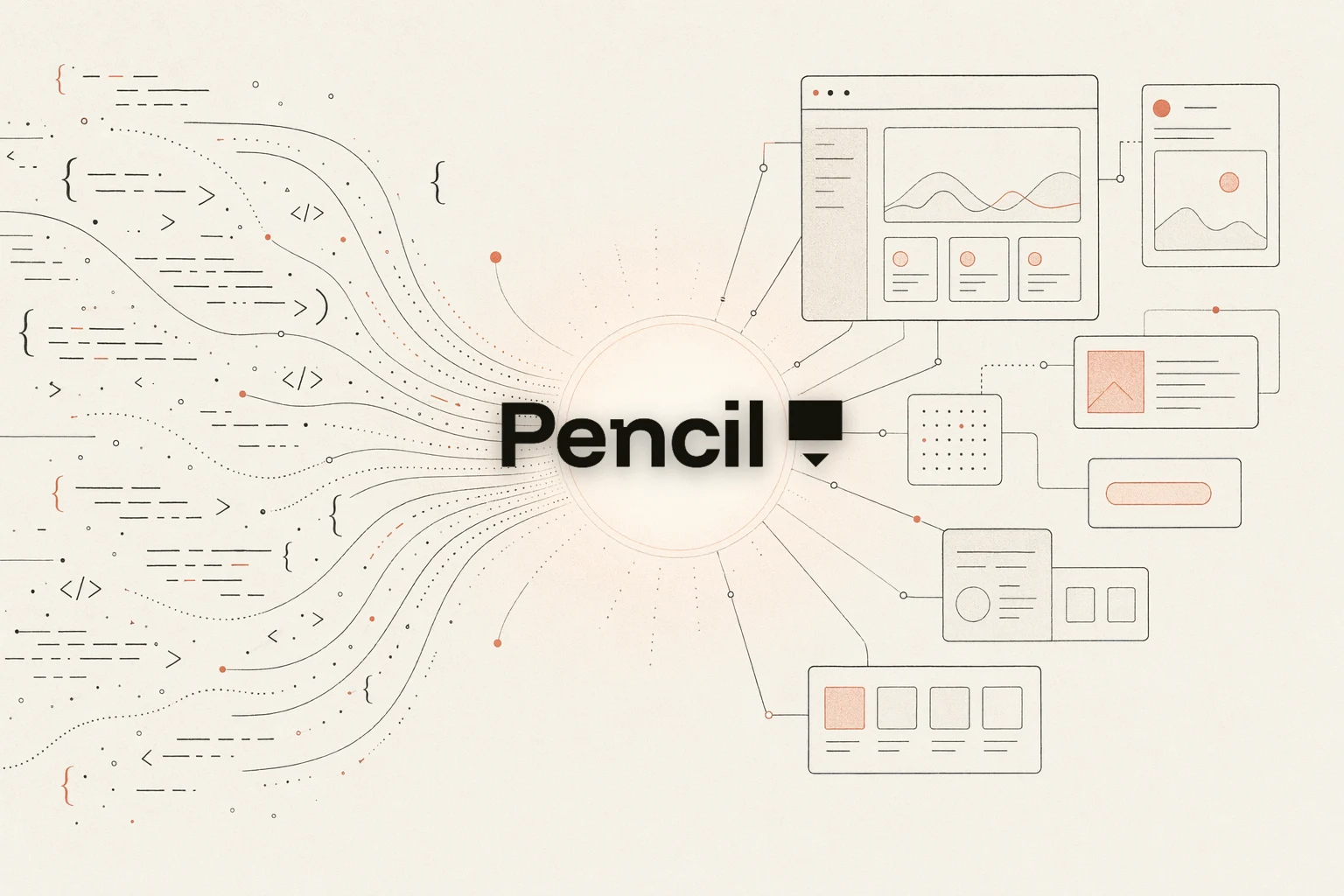 OpenDesign vs Pencil.dev — illustrazione editoriale su carta calda di un canvas di design che converge in un repository di file di tua proprietà