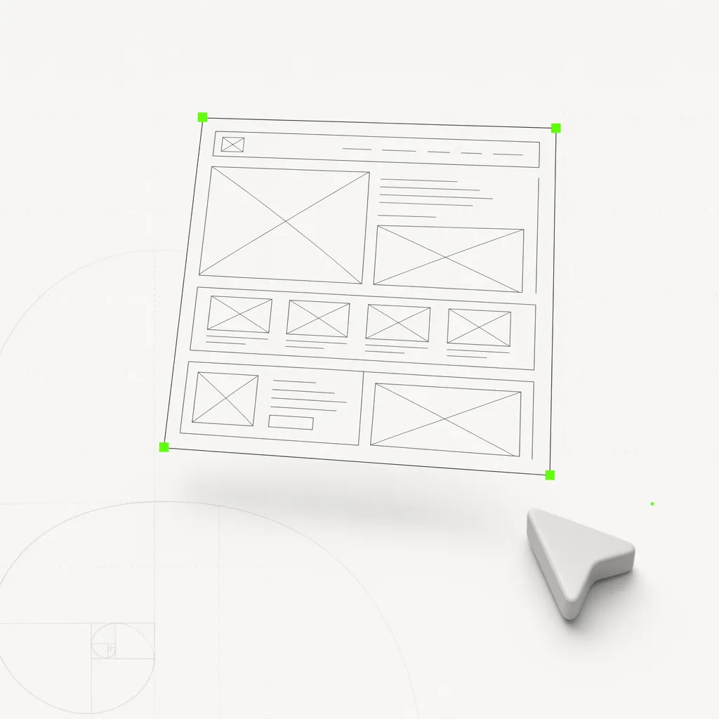 Uno scheletro wireframe di layout che si solleva come un proprio livello selezionabile sopra un canvas vuoto, in una cornice verde su uno sfondo editoriale quasi bianco