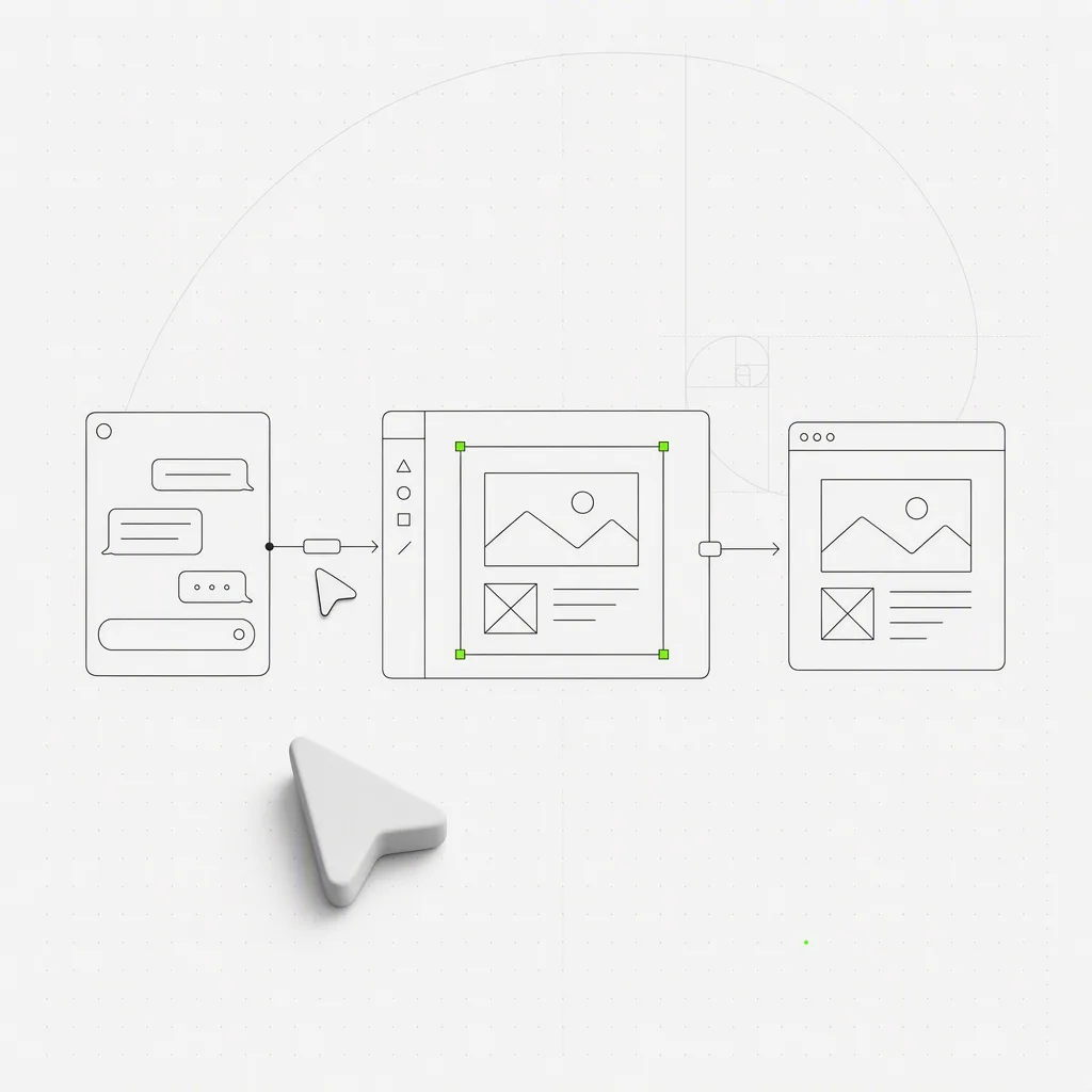Une conversation avec un agent se prolonge dans un canvas de design modifiable et un aperçu stable ; l'artefact connecté est contenu dans un cadre de sélection vert précis sur un fond éditorial presque blanc