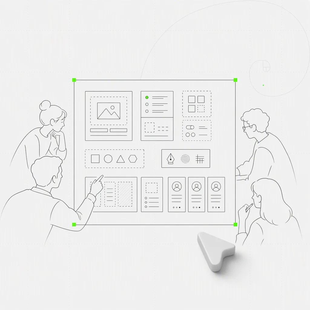 Um card modular de design system, uma peça de plugin e um card de skill encaixando em um workspace de equipe compartilhado, com o kit agrupado dentro de uma moldura de seleção verde precisa sobre um fundo editorial quase branco